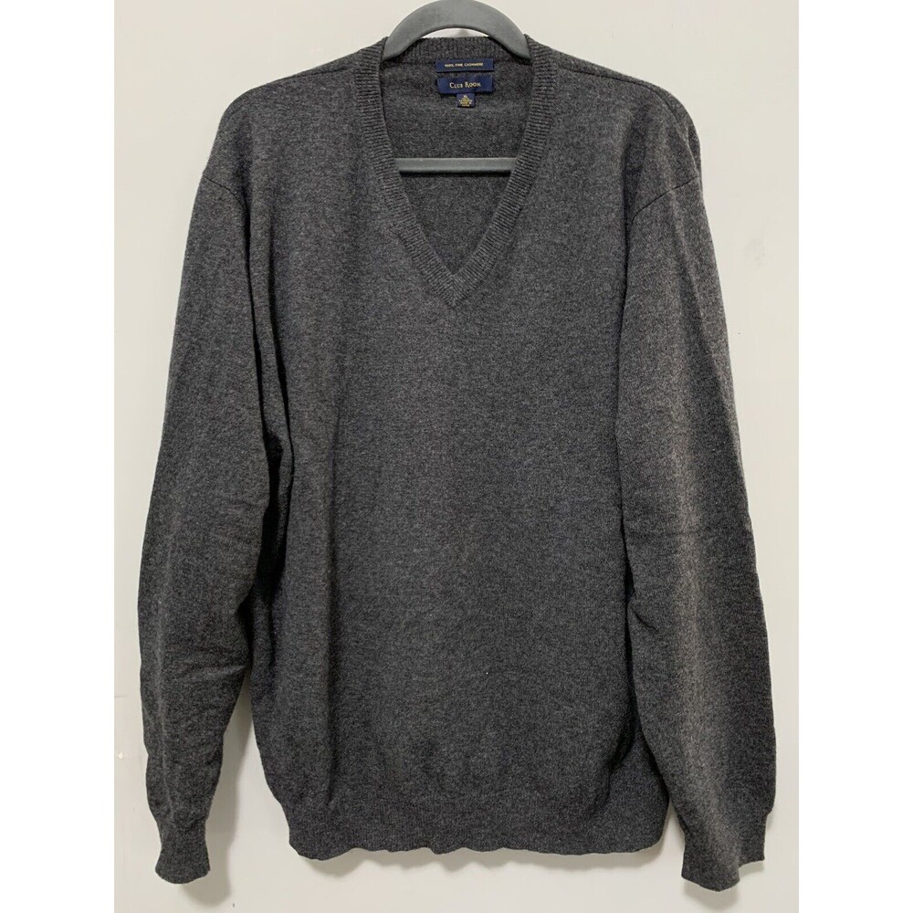 Club Room Mens XL 100% Cashmere Grey V-Neck Sweater Long Sleeve Soft Dressy